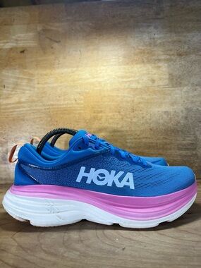 Hoka One One Bondi 8 REFLECTIVE Womens Size 9.5 Running Shoes Sneakers Blue Pink